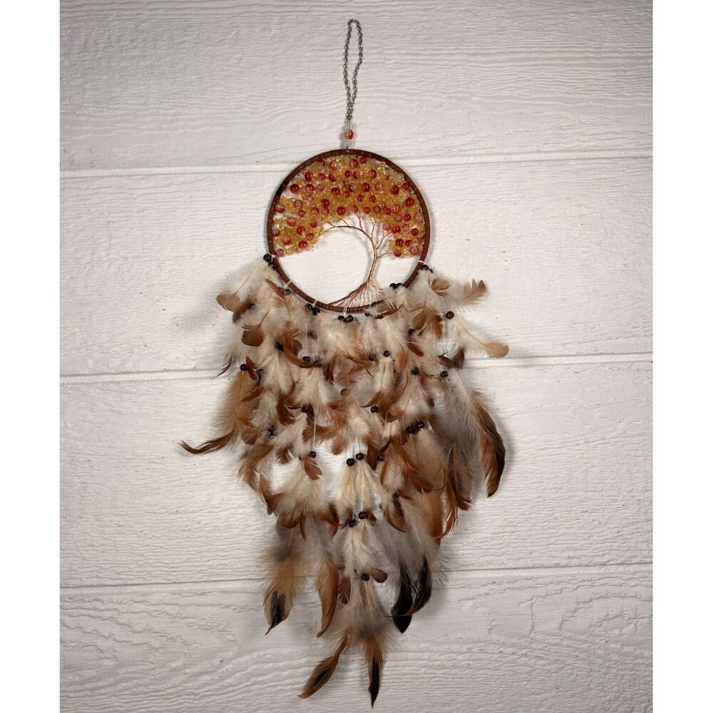 Handmade Tree of Life Dreamcatcher Wall Hanging Beaded Feather Boho Decor 26"